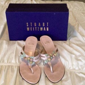 Stuart Weitzman Vintage Blush Leather Sandals w/ Leather Roses & Brass Heels